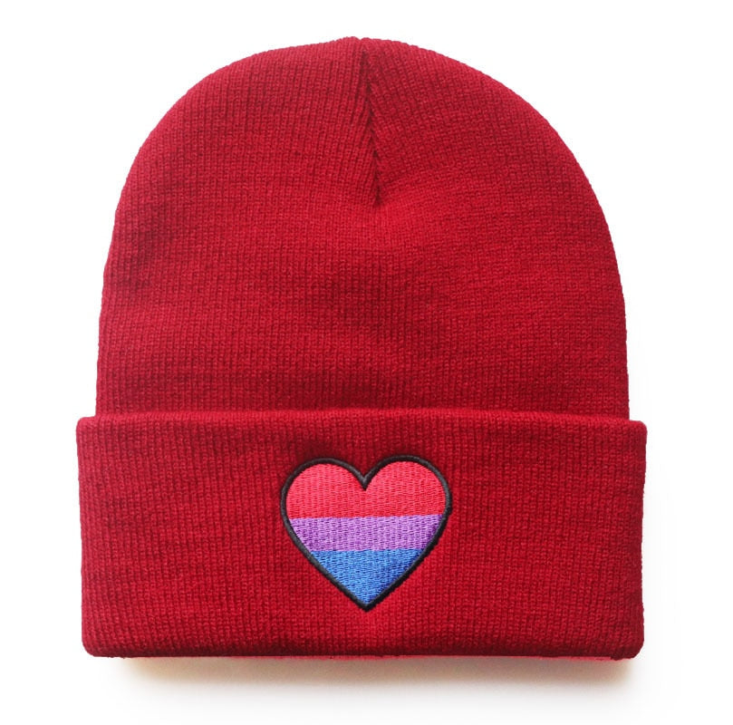 Rainbow Heart Embroidery Knitted Hat Winter Autumn Pride Beanie Cap