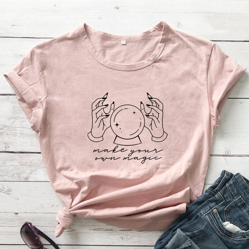 Make Your Own Magic T-shirt Vintage Witchy Crystal Ball Top Tee Shirt Funny Women Short Sleeve Positive Quote Tshirt Camiseta