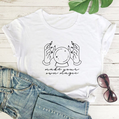 Make Your Own Magic T-shirt Vintage Witchy Crystal Ball Top Tee Shirt Funny Women Short Sleeve Positive Quote Tshirt Camiseta