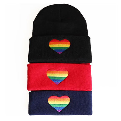 Rainbow Heart Embroidery Knitted Hat Winter Autumn Pride Beanie Cap