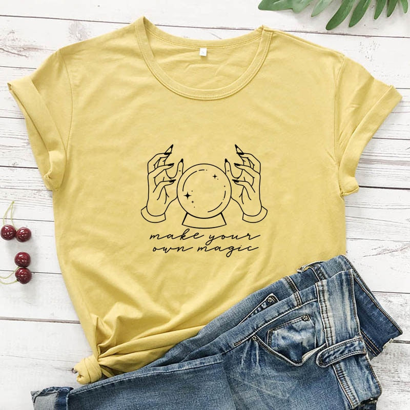 Make Your Own Magic T-shirt Vintage Witchy Crystal Ball Top Tee Shirt Funny Women Short Sleeve Positive Quote Tshirt Camiseta