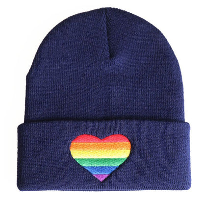 Rainbow Heart Embroidery Knitted Hat Winter Autumn Pride Beanie Cap