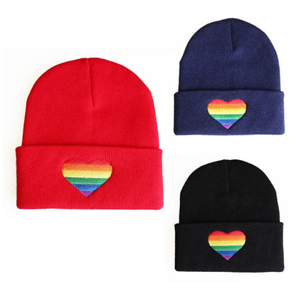 Rainbow Heart Embroidery Knitted Hat Winter Autumn Pride Beanie Cap