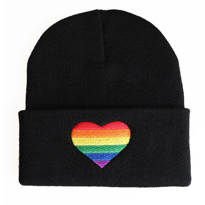 Rainbow Heart Embroidery Knitted Hat Winter Autumn Pride Beanie Cap