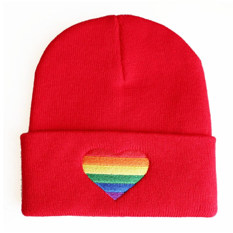 Rainbow Heart Embroidery Knitted Hat Winter Autumn Pride Beanie Cap