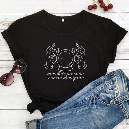 Make Your Own Magic T-shirt Vintage Witchy Crystal Ball Top Tee Shirt Funny Women Short Sleeve Positive Quote Tshirt Camiseta