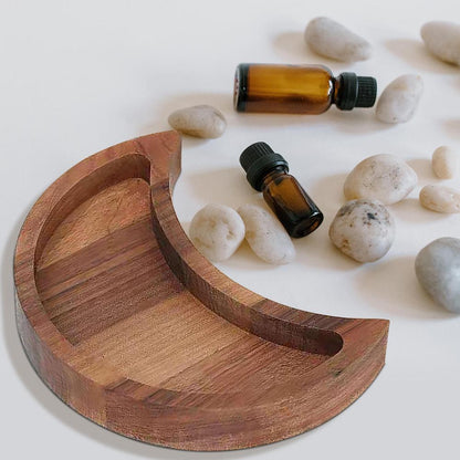 Wooden Serving Tray Moon Shape Jewelry Plate Crystal Display Holder Healing Stones Storage Pallet Home Storage Decoration