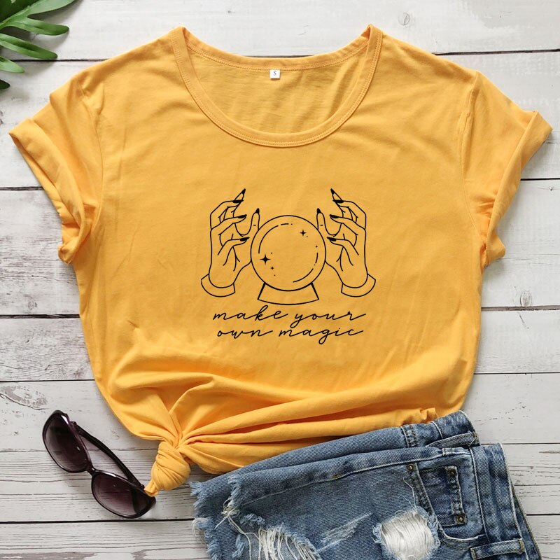 Make Your Own Magic T-shirt Vintage Witchy Crystal Ball Top Tee Shirt Funny Women Short Sleeve Positive Quote Tshirt Camiseta