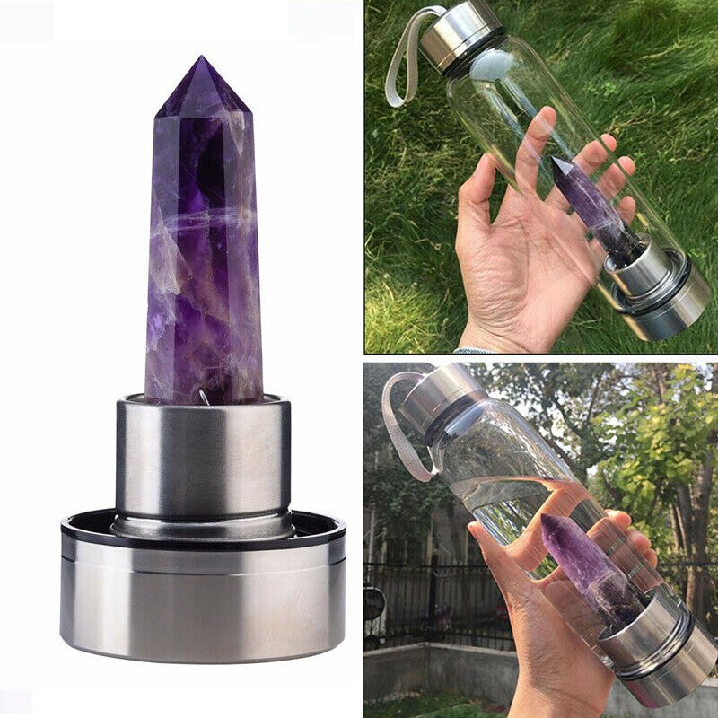 1PC Natural Quartz Gemstone Glass Water Bottle Direct Drinking Cup Glass Crystal Obelisk Wand Healing Wand Bottle Rope