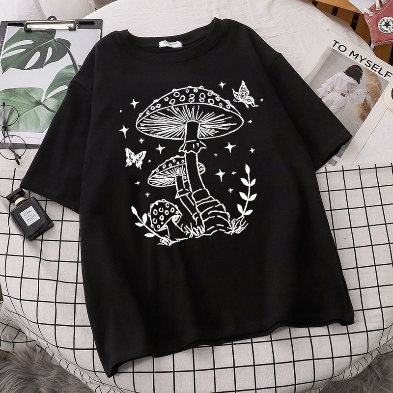 Harajuku Sun Moon Mushroom Print T Shirt Streetwear Tops Casual O-Neck Short Sleeve Female Oversized T Shirt