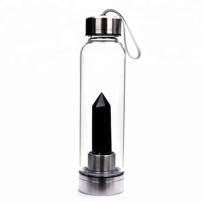 1PC Natural Quartz Gemstone Glass Water Bottle Direct Drinking Cup Glass Crystal Obelisk Wand Healing Wand Bottle Rope