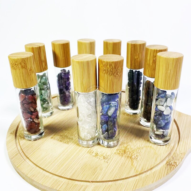 1Pcs 10ml Refillable Glass Gemstone Roller Ball Bottles with Bamboo Lids Healing Crystal Chips Inside Doterra Essential Oil Vial