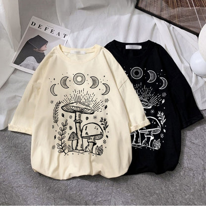 Harajuku Sun Moon Mushroom Print T Shirt Streetwear Tops Casual O-Neck Short Sleeve Female Oversized T Shirt