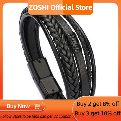 ZOSHI Trendy Genuine Leather Bracelets Mens Multilayer Braided Rope Bracelets Male Female Bracelets Retro Jewelry