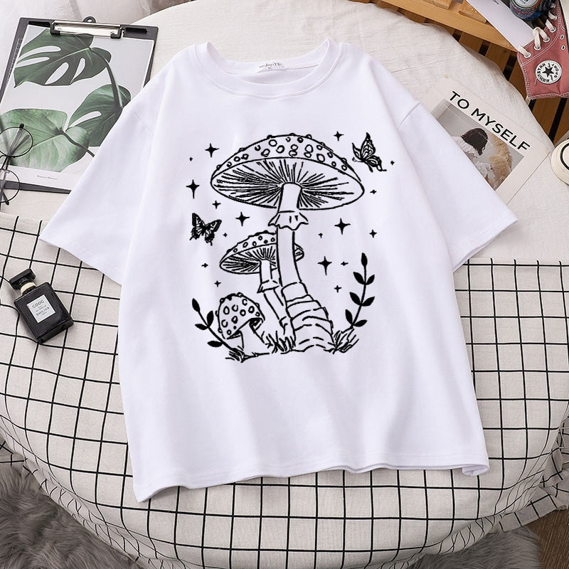 Harajuku Sun Moon Mushroom Print T Shirt Streetwear Tops Casual O-Neck Short Sleeve Female Oversized T Shirt