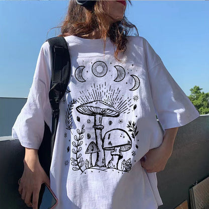 Harajuku Sun Moon Mushroom Print T Shirt Streetwear Tops Casual O-Neck Short Sleeve Female Oversized T Shirt