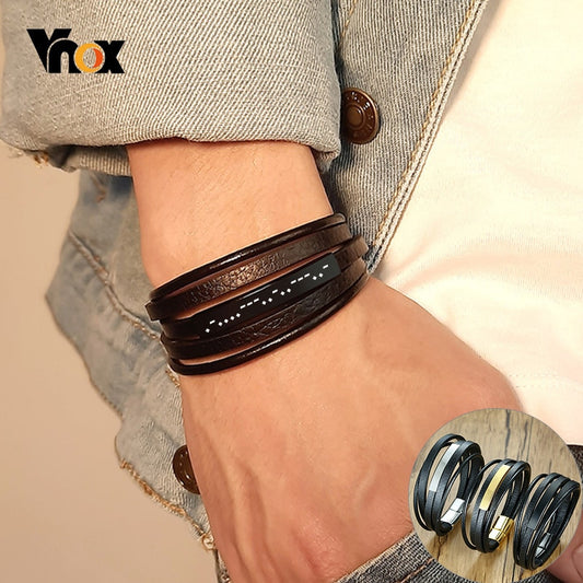 Vnox Customized Morse Code I LOVE YOU Men&#39;s Layered Leather Bracelets Casual Gents Wristband Personalize Husband Gift