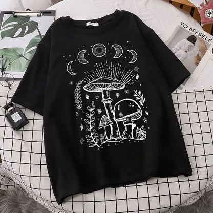 Harajuku Sun Moon Mushroom Print T Shirt Streetwear Tops Casual O-Neck Short Sleeve Female Oversized T Shirt