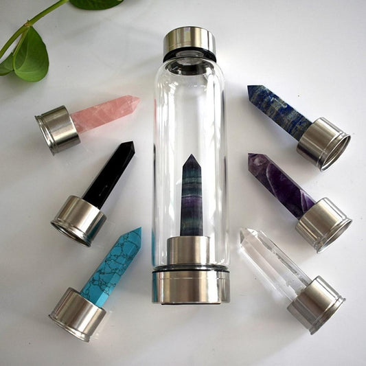 1PC Natural Quartz Gemstone Glass Water Bottle Direct Drinking Cup Glass Crystal Obelisk Wand Healing Wand Bottle Rope