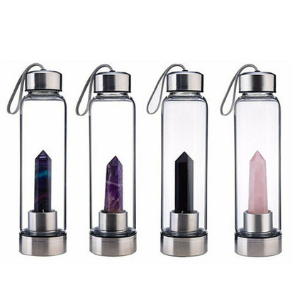 1PC Natural Quartz Gemstone Glass Water Bottle Direct Drinking Cup Glass Crystal Obelisk Wand Healing Wand Bottle Rope