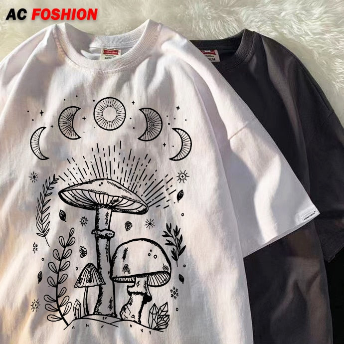 Harajuku Sun Moon Mushroom Print T Shirt Streetwear Tops Casual O-Neck Short Sleeve Female Oversized T Shirt