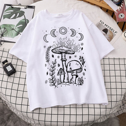 Harajuku Sun Moon Mushroom Print T Shirt Streetwear Tops Casual O-Neck Short Sleeve Female Oversized T Shirt