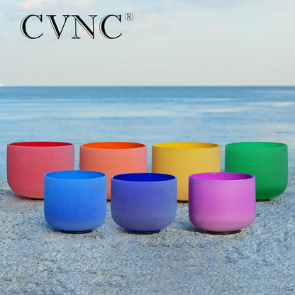 CVNC Full Color 1pc 8&quot; C/D/E/F/G/A/B Note Frosted Quartz Crystal Singing Bowl for Meditation Sound Healing with Free Mallet