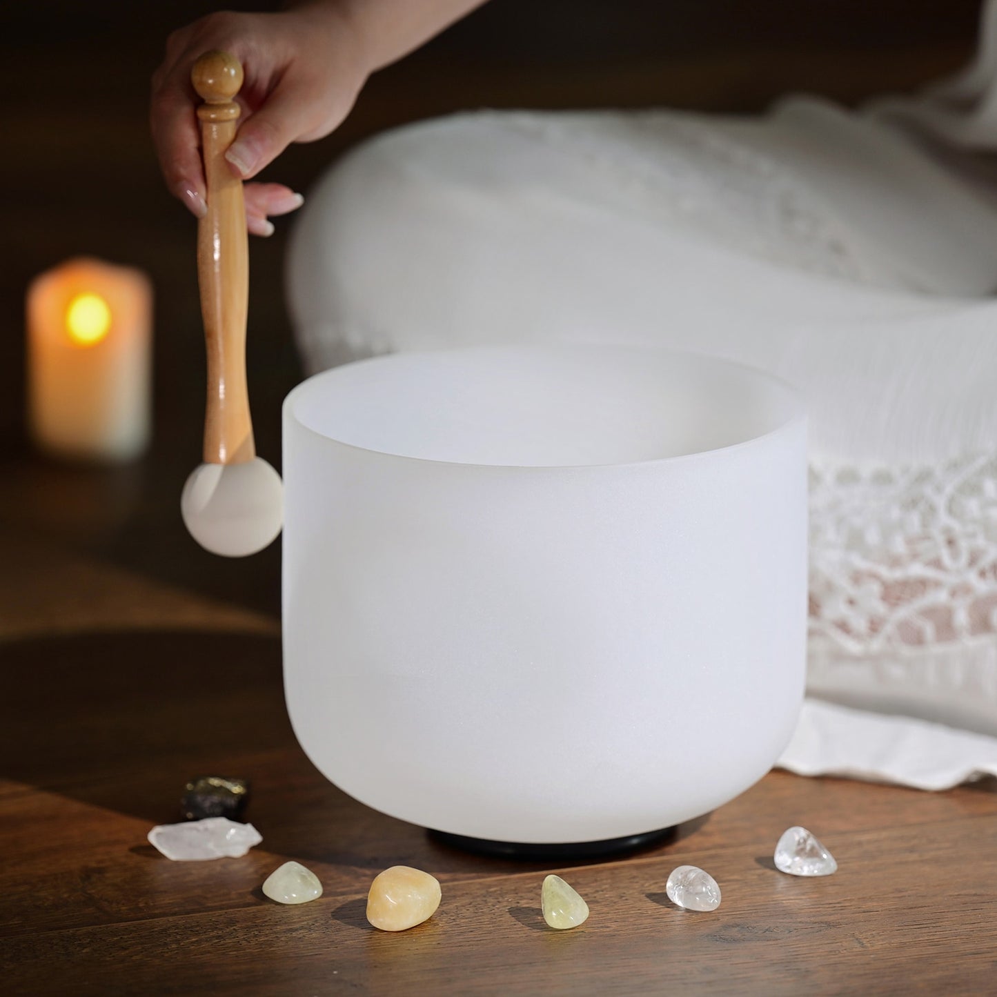 CVNC 8 Inch White Frosted Quartz Crystal Singing Bowl for Sound Healing Meditation Yoga with Free Mallet