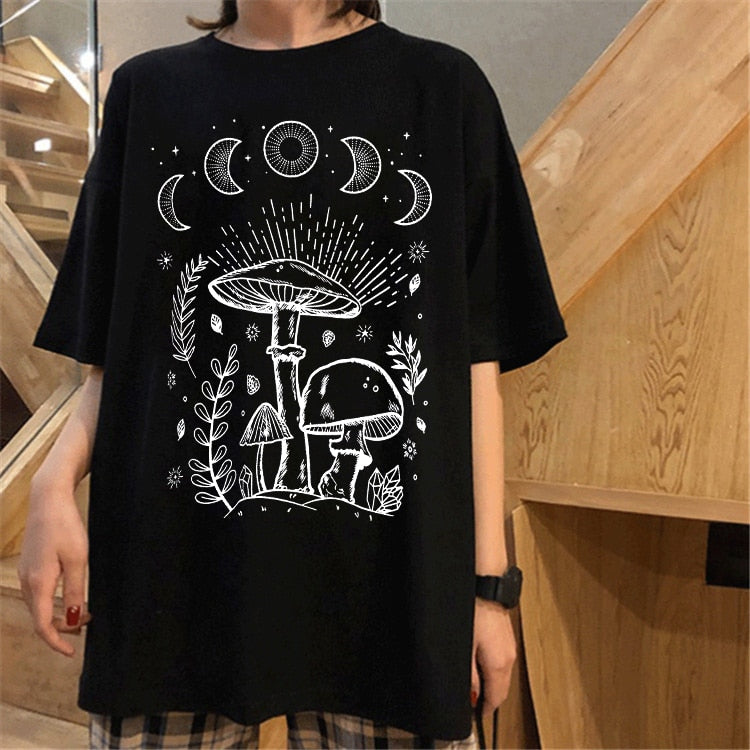 Harajuku Sun Moon Mushroom Print T Shirt Streetwear Tops Casual O-Neck Short Sleeve Female Oversized T Shirt