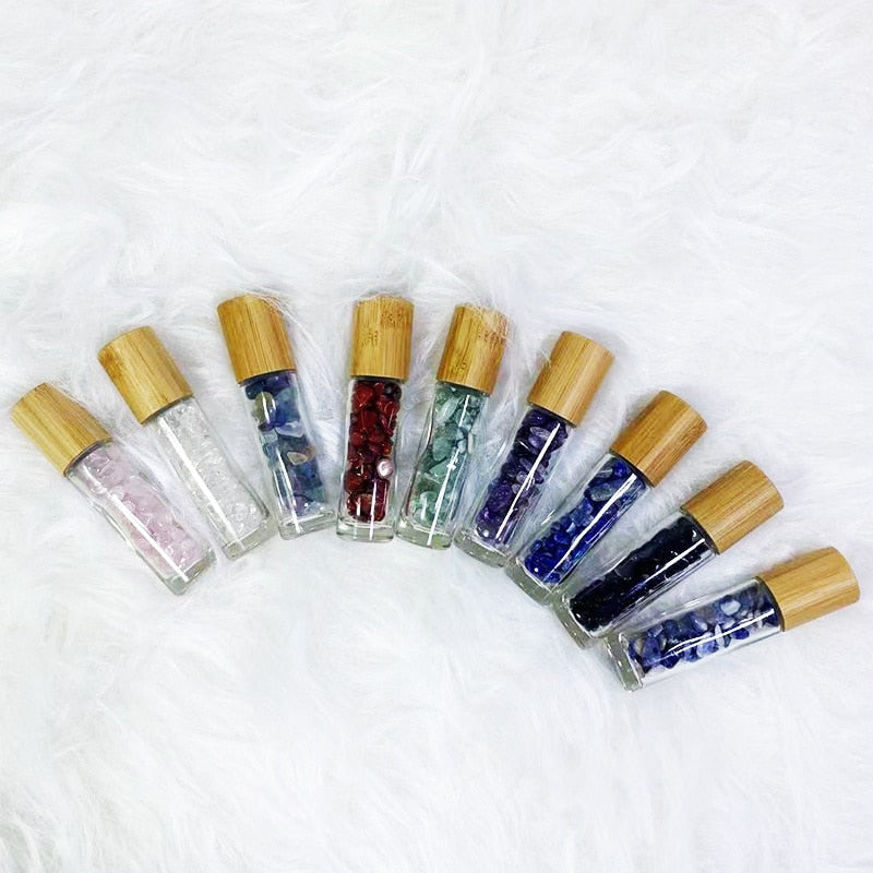 1Pcs 10ml Refillable Glass Gemstone Roller Ball Bottles with Bamboo Lids Healing Crystal Chips Inside Doterra Essential Oil Vial