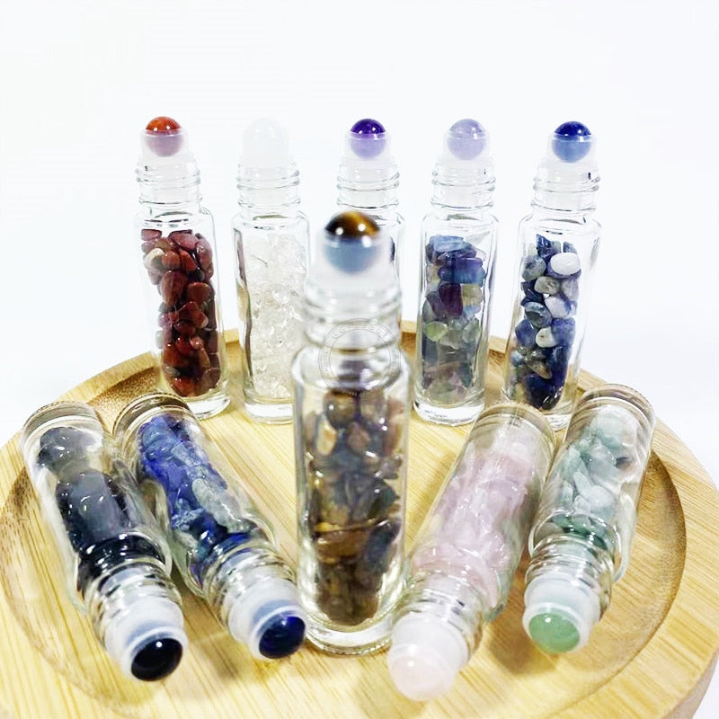 1Pcs 10ml Refillable Glass Gemstone Roller Ball Bottles with Bamboo Lids Healing Crystal Chips Inside Doterra Essential Oil Vial