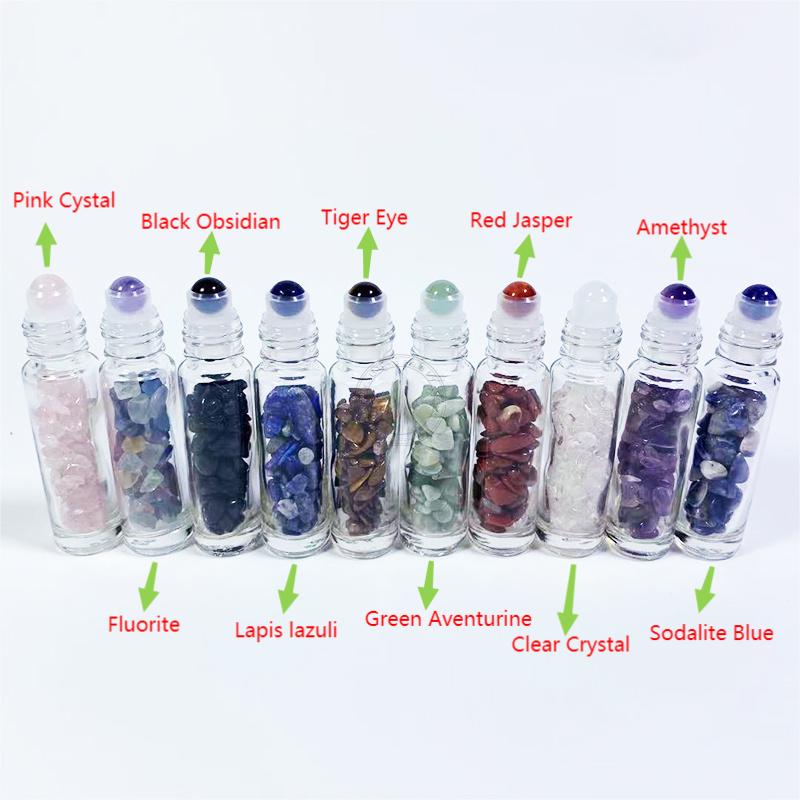 1Pcs 10ml Refillable Glass Gemstone Roller Ball Bottles with Bamboo Lids Healing Crystal Chips Inside Doterra Essential Oil Vial