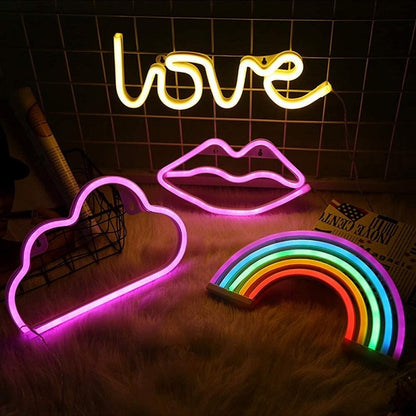 USB Battery Powered Creative LED Neon Light Sign LOVE Cat Rainbow Lip Neon Lamp For Party Wedding Bedroom Home Decor Night Lamp