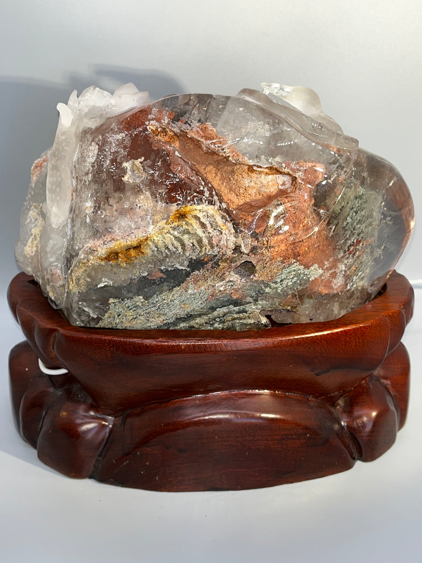 Garden Quartz/Red/Green/Rutile Carving. Amazing Clarity! Lighted Stand Included. Lodolite