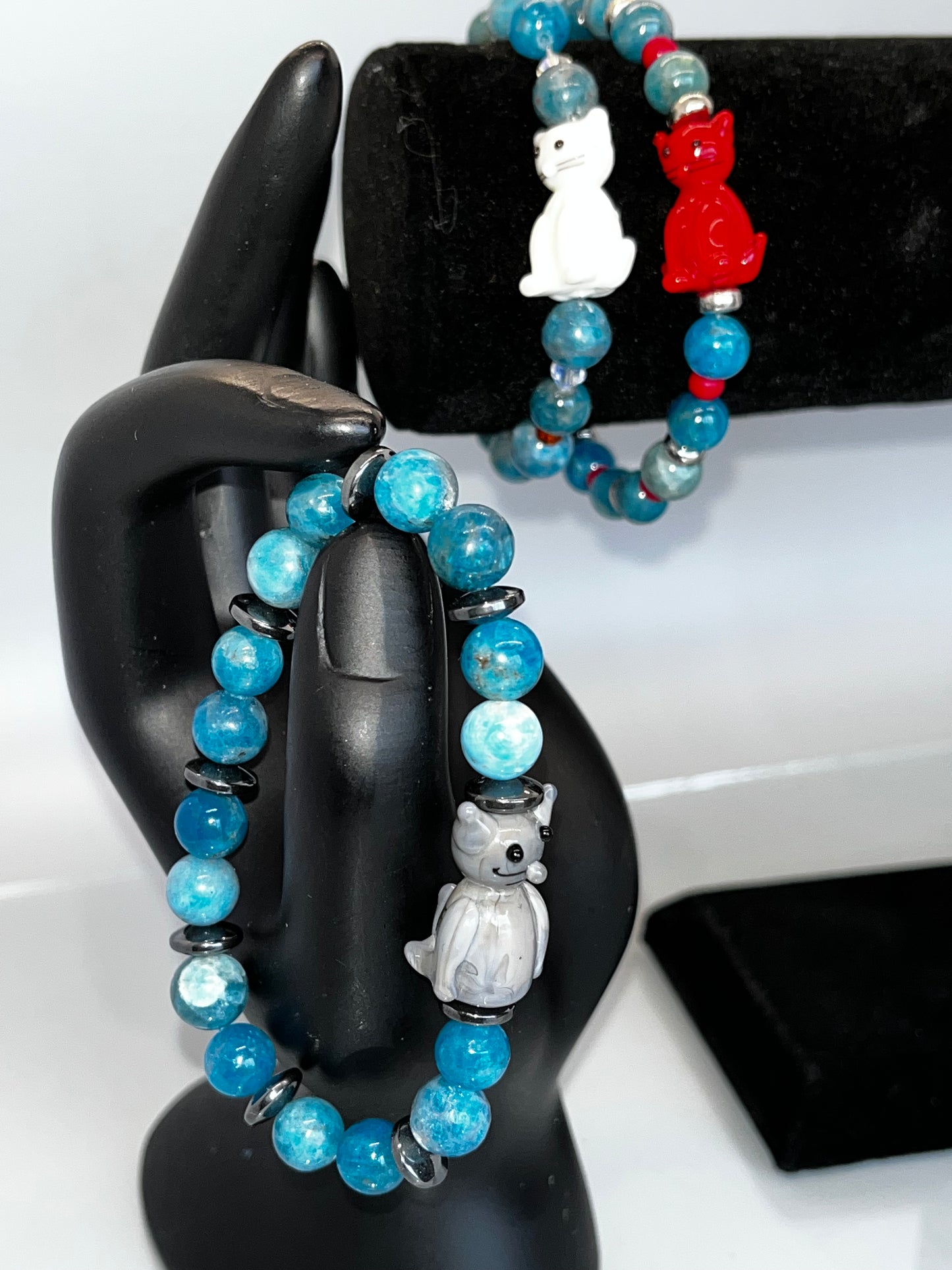 Blue Apatite Crystal Bracelet with Cat Charm, 8mm