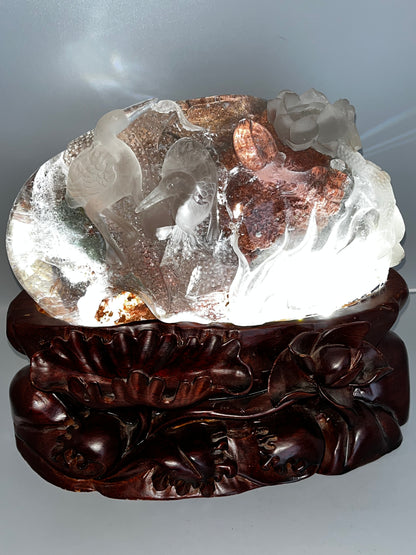 Garden Quartz/Red/Green/Rutile Carving. Amazing Clarity! Lighted Stand Included. Lodolite
