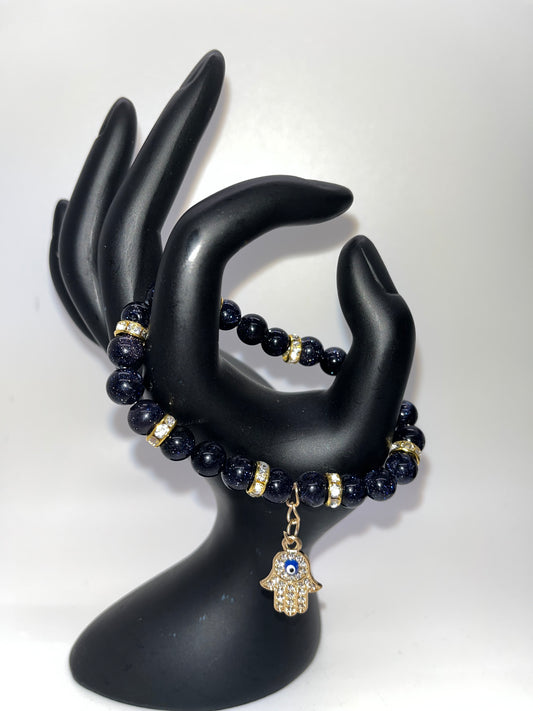 Blue Goldstone and Hamsa Charm Bracelet, 8mm