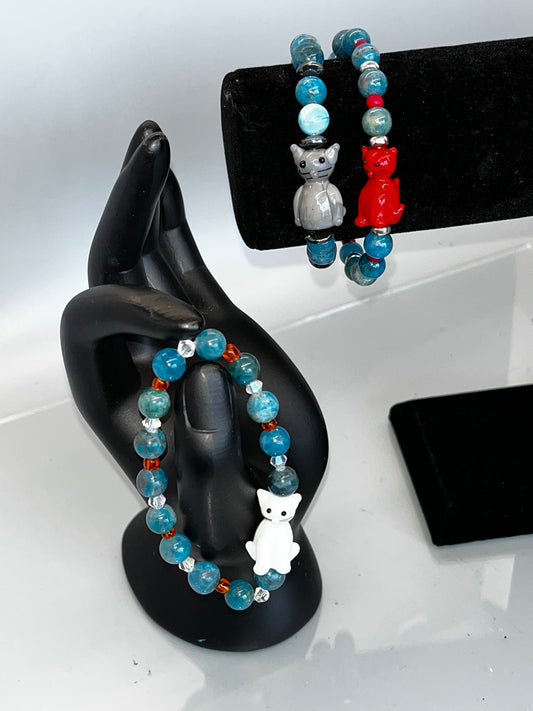 Blue Apatite Crystal Bracelet with Cat Charm, 8mm
