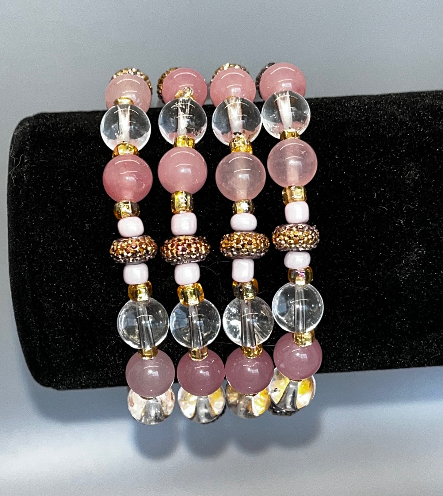 Pink Morganite and Clear Quartz Crystal Bracelet with Charms