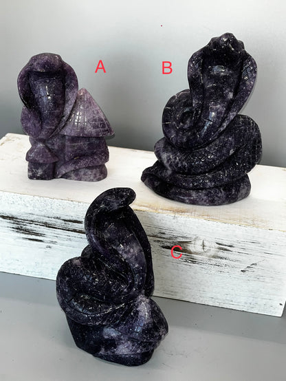 Lepidolite Heart Snake Carvings