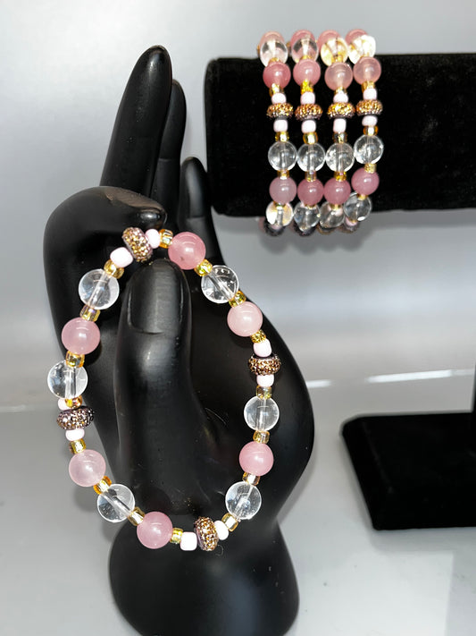 Pink Morganite and Clear Quartz Crystal Bracelet with Charms