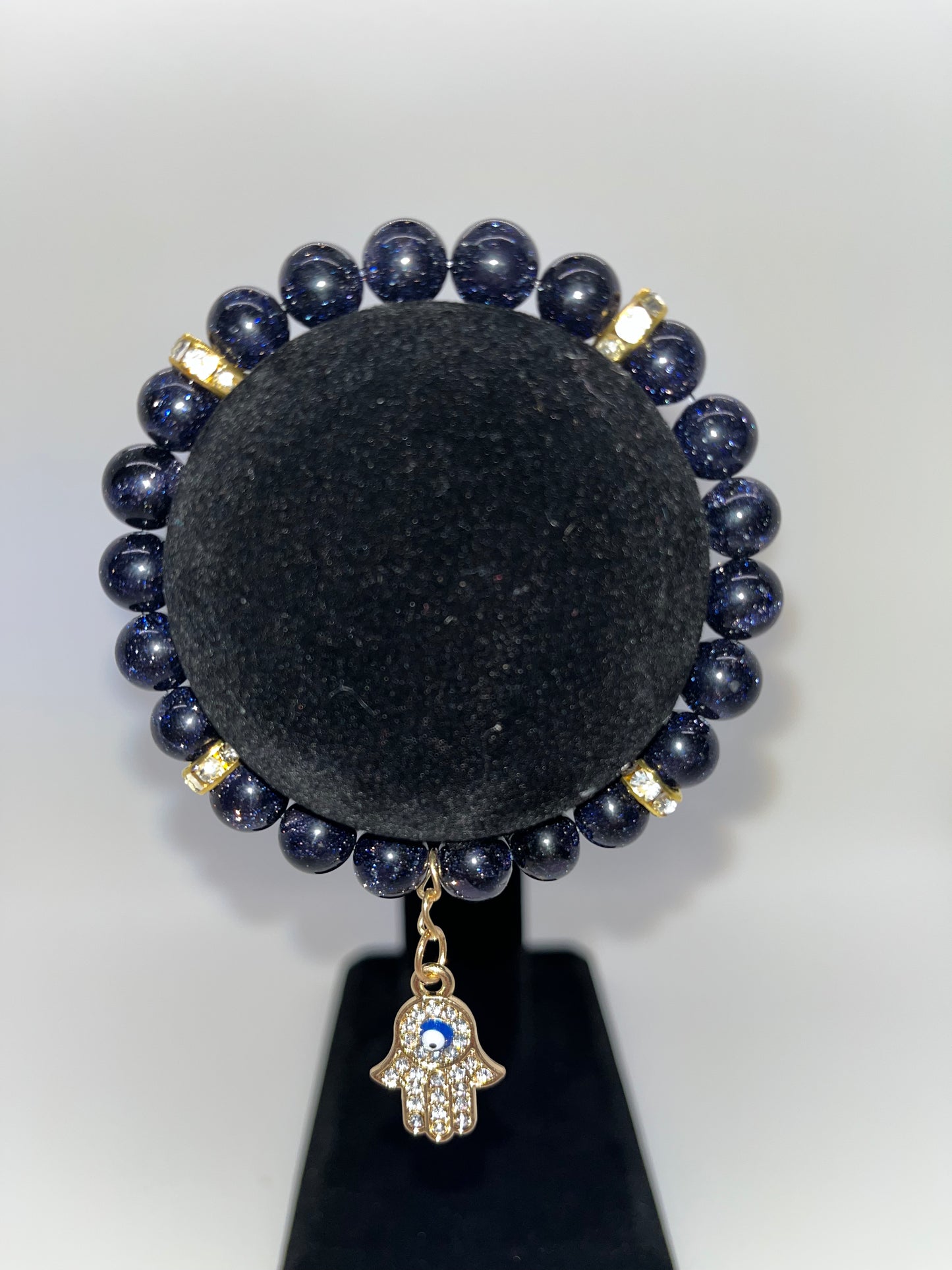 Blue Goldstone and Hamsa Charm Bracelet, 8mm